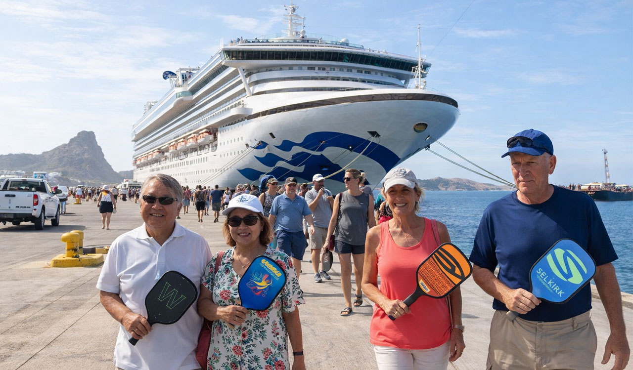 Mazatlán cruise ship passengers walking off dock with pickleball paddles for clinic near port